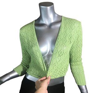Vintage USA Notations Women's Medium Crop Neon Green Crochet Knit Open Front Car